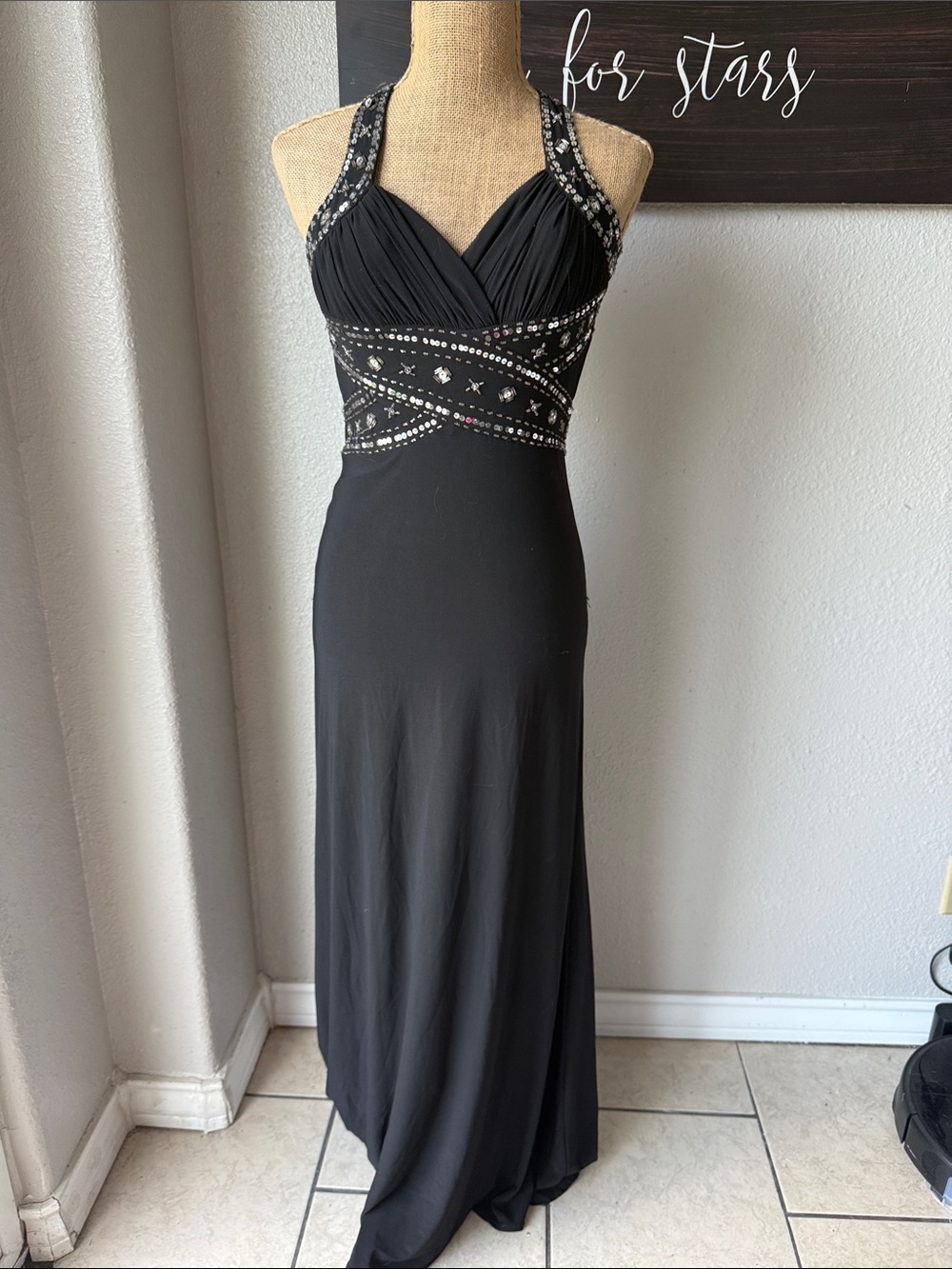 Morgan & Co. Black Beaded Halter Maxi Gown